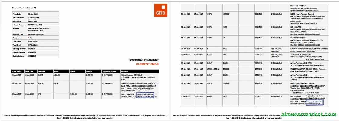 Nigeria Guaranty Trust Bank Plc account statement Word and PDF template, 2 pages